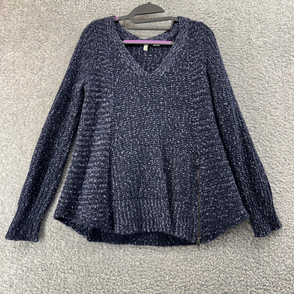 Moth Sweater Womens Medium Blue Chunky Knit V Neck Side Zip Pullover Soft‎ Cozy